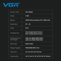 VGR V-001 Blue Edition Clipper Professionale in Metallo