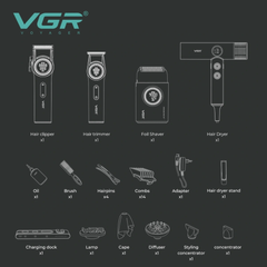VGR Stepless Pro 4in1 Set Black – Valigetta Professionale Clipper, Trimmer, Shaver e Phon